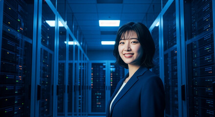 データセンターに立つ笑顔の若い女性サーバーエンジニア