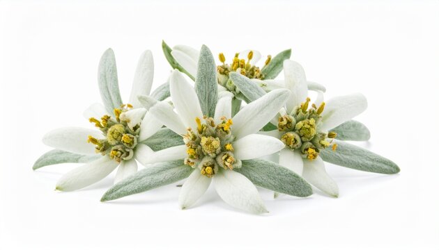Edelweiss Flowers Isolated on White Background - Alpine Mountain Bloom Close-up
