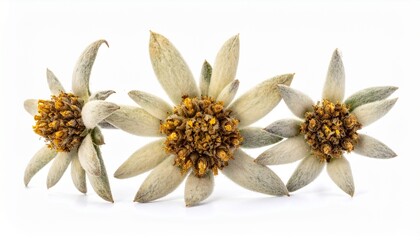 Three Edelweiss flowers on white background, alpine plant, symbol of purity and beauty, close-up studio shot
