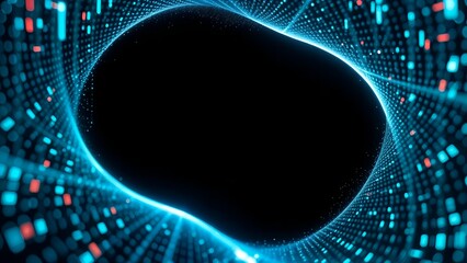 Glowing blue abstract technology design with a wave and line pattern on a black space backdrop creating a black hole effect