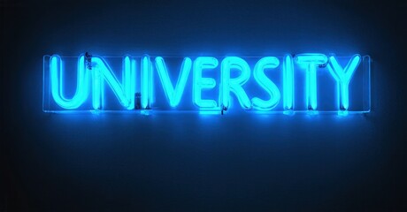 Bright blue neon sign spells university. Dark background emphasizes glowing text. Simple, modern aesthetic. Education concept.