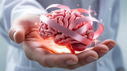 A doctors hand holds a pink ribbon wrapped around a human brain model symbolizing awareness and support for neurological health and disease research