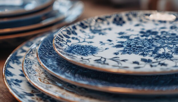 Stacked ornate blue and white china plates