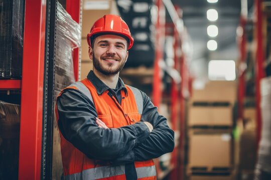 Warehouse worker smiling confidently while standing among boxes in a storage facility