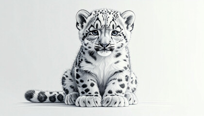 Fototapeta premium A detailed monochrome pencil drawing of a snow leopard cub sitting and looking directly at the viewer.