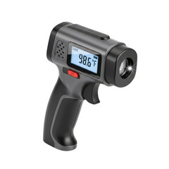 Professional non-contact digital infrared thermometer gun displaying 98.6 degrees Fahrenheit. isolated PNG with Transparent Background