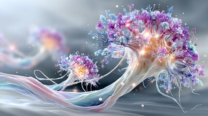 Colorful abstract floral formations in soft light. Deep tech neural field glowing synaptic connections, futuristic AI data visualization, minimal pastel technology concept for innovation marketing 