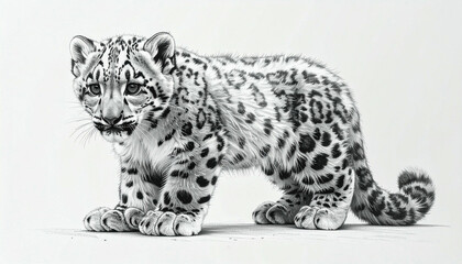 Naklejka premium A detailed pencil drawing of a young snow leopard cub standing alertly.