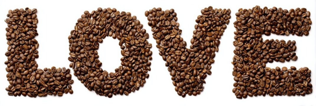 Coffee beans are arranged to spell love, showcasing the passion for coffee and its cultural significance. Ideal for coffee enthusiasts and art lovers.