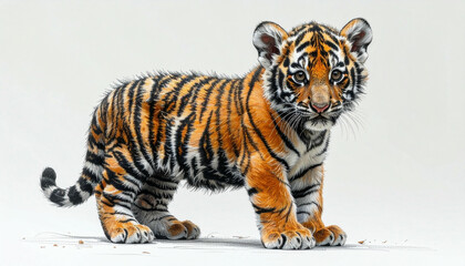 A young tiger cub stands alert, showcasing its orange and black stripes against a bright background.