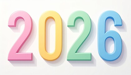 Colorful 3D Number 2026 with Soft Shadows on White Background - New Year, Future, and Calendar Concept