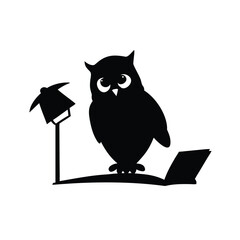 Cute owl reading under lamp with cozy charming evening scene Vector illustration