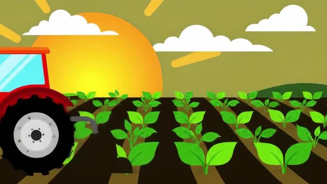 Flat design vector illustration of a red tractor on a farm field with rows of young crops growing under a bright sunrise, an agriculture concept