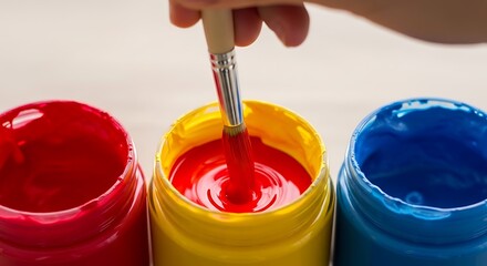 Hand dipping paintbrush into vibrant red paint between blue and yellow colors