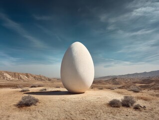 Desert Landscape Giant Egg Installation Flat Ground Minimalist Scenery Clear Sky Mountain Backdrop California USA