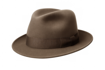 Brown fedora hat with a ribbon presenting classic vintage fashion and retro style on transparent background