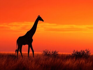 Giraffe Silhouette in Fiery African Sunset Majestic Savanna Wildlife Scene at Golden Hour Dusk with Sparse Vegetation
