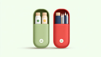 Back to school essentials: open and closed pencil cases with supplies for classroom organization