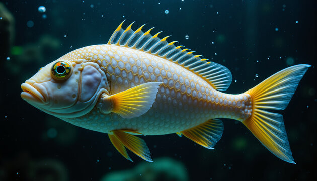 Aquatic fish swimming gracefully in a dark underwater environment  