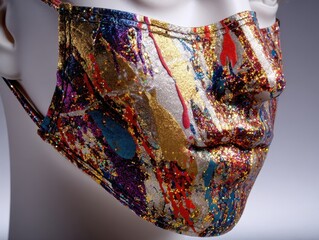 Abstract Glitter Paint Splatter Mask on Mannequin Vibrant Metallic Colors Fashion Style Accessory