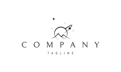 A vector logo featuring an abstract image: a cosmic landscape with mountains under stars and planets, symbolizing mystery and infinity.