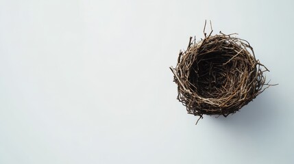 Naklejka premium Nest crafted from twigs sits on a clean white surface symbolizing nature and simplicity