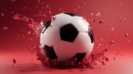 A classic soccer ball with black and white panels, splashing through a vibrant red liquid on a soft dynamic droplets  mid-air made with Ai 2