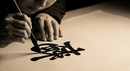 Focused artist meticulously creating elegant calligraphy on white paper with a brush.
