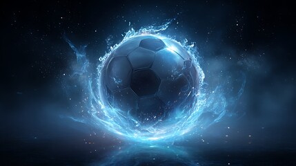 Naklejka premium A sleek, futuristic soccer ball surrounded by a glowing, electric blue splash, set against a deep space-like background made with Ai