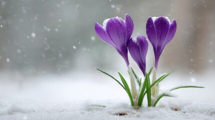 Purple crocuses bloom in gentle snowfall on a winter day.