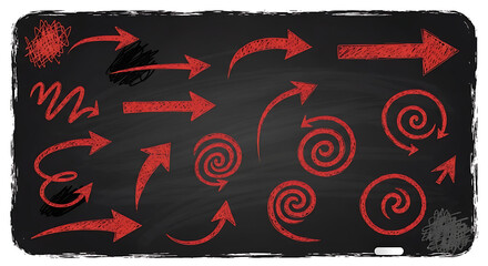 Hand Drawn Red Arrow Set on Blackboard Background, Sketch Doodle Arrows Collection
