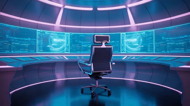 empty futuristic command center with data screens