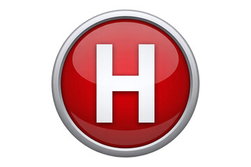 Fototapeta premium Bright red glossy 3D hospital sign button or heliport landing icon with white letter H for medical, emergency, and healthcare
