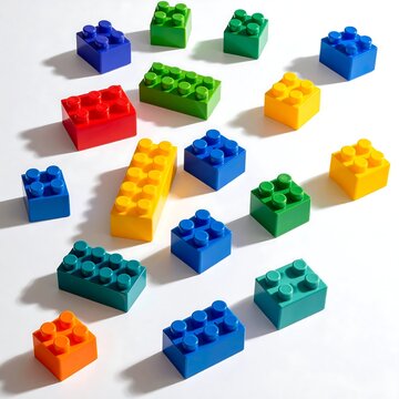 Colorful plastic building blocks scattered on white background (1)