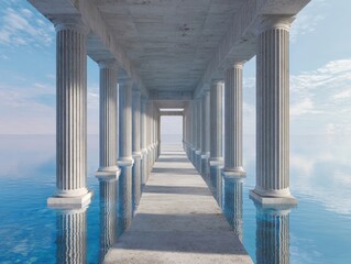 Concrete architectural bridge over calm blue water with white columns extending to a distant horizon under a cloudy sky.