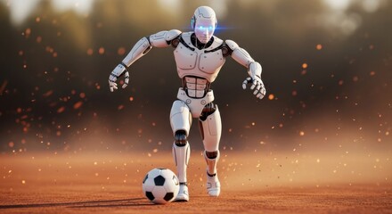 Robot soccer player runs towards the ball on a sandy field during sunset