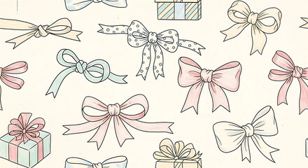 Hand Drawn Pastel Gift Bows and Ribbons Seamless Pattern, Cute Present Wrapping Illustration