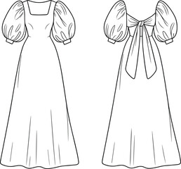 Elegant long dress fashion sketch, puff sleeve gown technical drawing, square neckline silhouette, back bow detail, front and back view illustration
