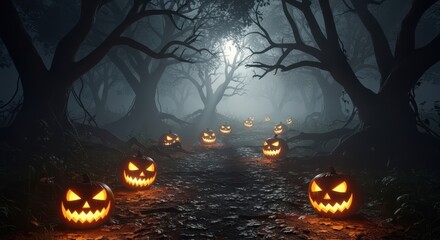 A dark spooky forest path illuminated by carved glowing pumpkins on Halloween night