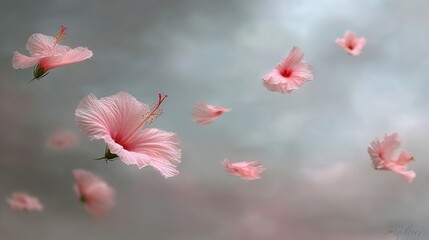 Delicate pink hibiscus flowers float gently against a soft cloudy sky.