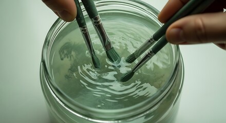 Artist cleans paintbrushes in clear water, creating gentle ripples.