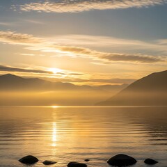 Fototapeta premium Golden Sunrise Over Serene Lake with Silhouetted Mountains and Reflective Water.