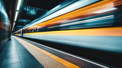 High-speed train rushing past a platform in a modern urban station during nighttime with vibrant lights