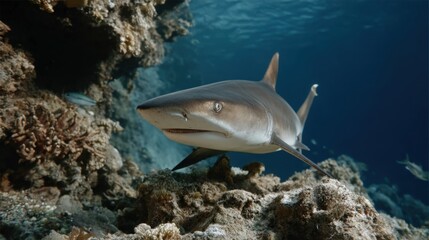 Fototapeta premium An oceanic whitetip shark calmly patrols a coral reef in clear blue water. A close-up view of the predator.