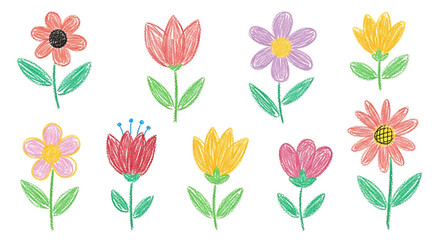 Colorful Crayon Flower Doodles, Hand Drawn Floral Illustration Set on White Background