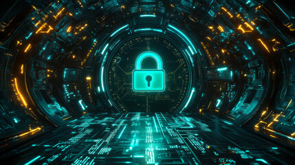 Digital lock symbolizing cybersecurity in a futuristic tunnel with glowing lights