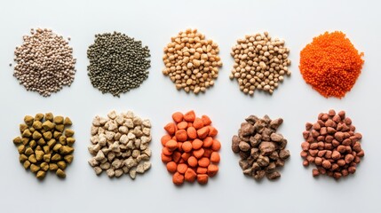 Variety of colorful pet food pellets and granules arranged in a neat display for pet nutrition and dietary options