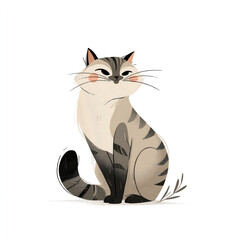 Obraz premium cute flat vector cat sitting with tail curled, pastel beige and grey palette, isolated on white background 