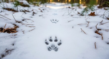Paw prints in fresh snow on a forest trail