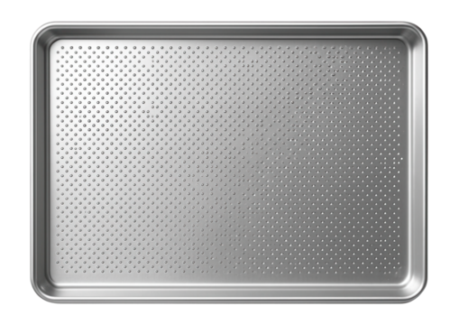 Perforated aluminum baking sheet for optimal air circulation when baking baguettes.